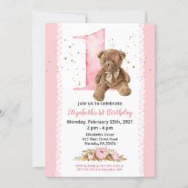 Invitación Chica Teddy Bear acuarela Floral 1