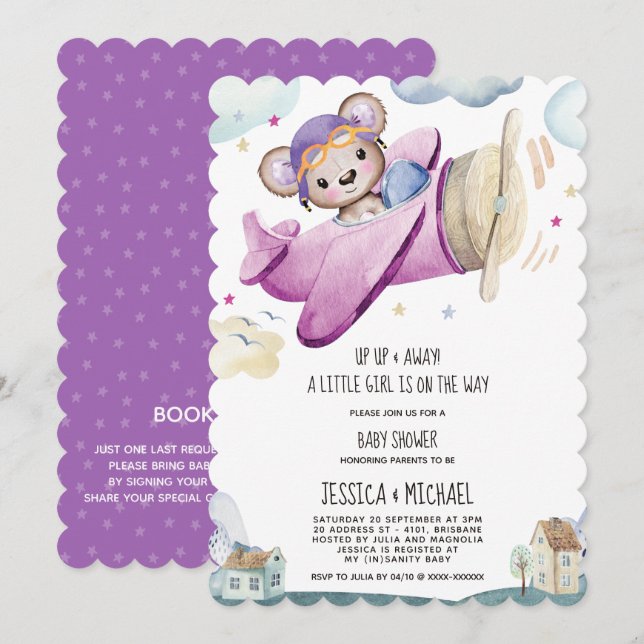 Invitación Chica Teddy Bear Airplane Baby Shower (Anverso / Reverso)
