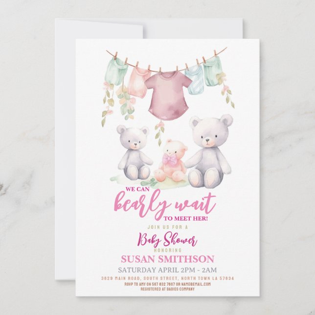 Invitación Chica Teddy Bear Baby Shower Rosa Apenas Espera (Anverso)