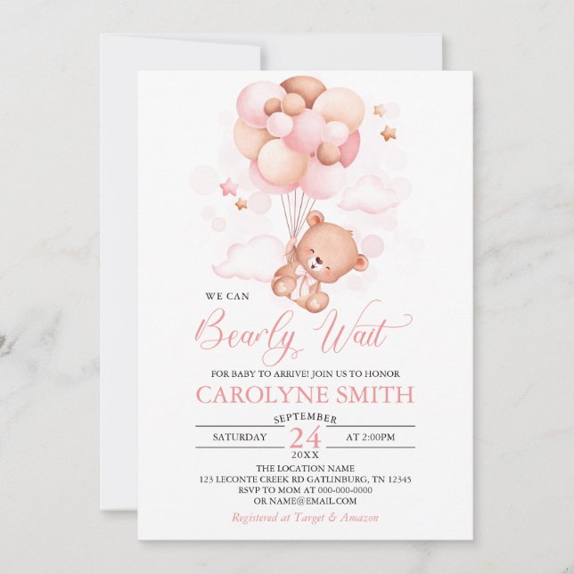 Invitación Chica Teddy Bear Globo rosa Baby Shower (Anverso)