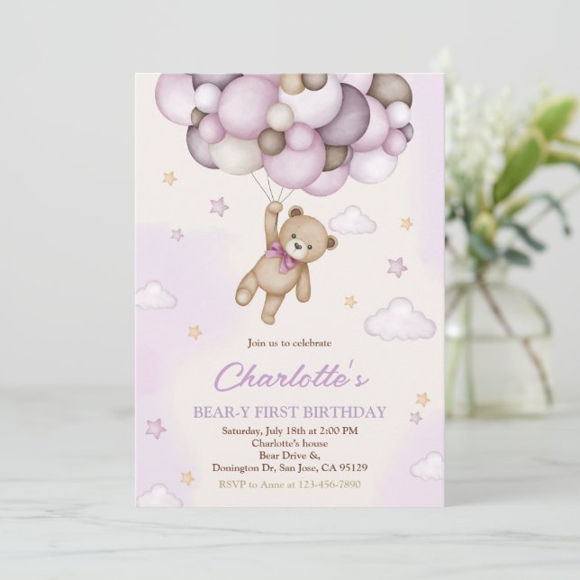 Invitación Chica Teddy Bear Globos Marrones Rosados Primer cu (Anverso de pie)
