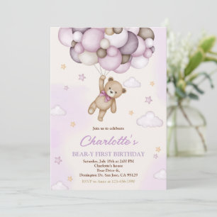 Invitación Chica Teddy Bear Globos Marrones Rosados Primer cu