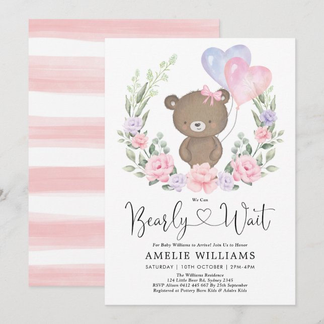 Invitación Chica Teddy Bear Pink Purple Floral Baby Shower In (Anverso / Reverso)