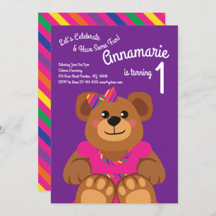Invitación Chica Teddy Bear Rainbow 1er cumpleaños