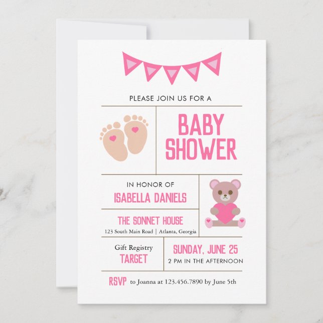 Invitación Chica Teddy y Baby Feed Pink Baby Shower (Anverso)