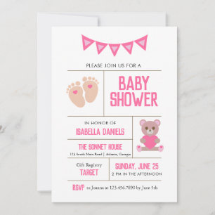 Invitación Chica Teddy y Baby Feed Pink Baby Shower