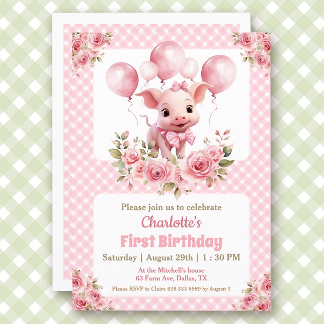 Invitación Chica temática de la granja de cerdos rosados (Pink Cute Piggy Farm Themed Girl 1st Birthday Invitation)