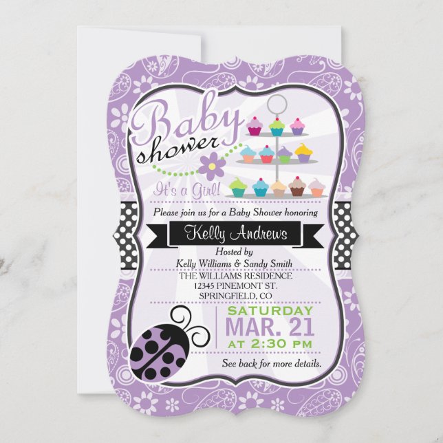 Invitación Chica temático Purple Paisley Ladybug Baby Shower (Anverso)