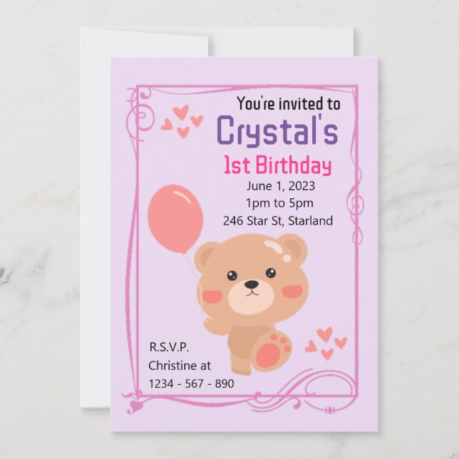 Invitación Chica Temático Teddy Bear Primer Fiesta de Cumplea (Anverso)