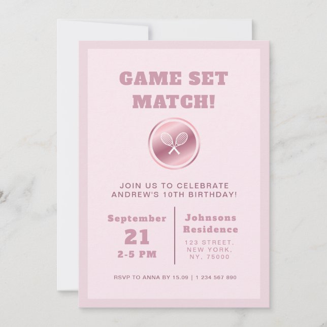 Invitación Chica Tenis Rosa de fiesta de cumpleaños raquetas  (Anverso)
