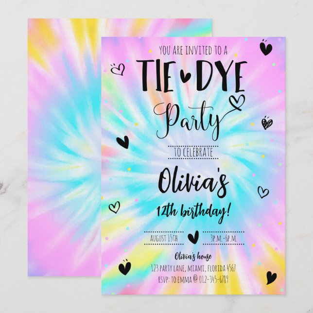 Invitación Chica Tie Dye Birthday Party (Anverso / Reverso)
