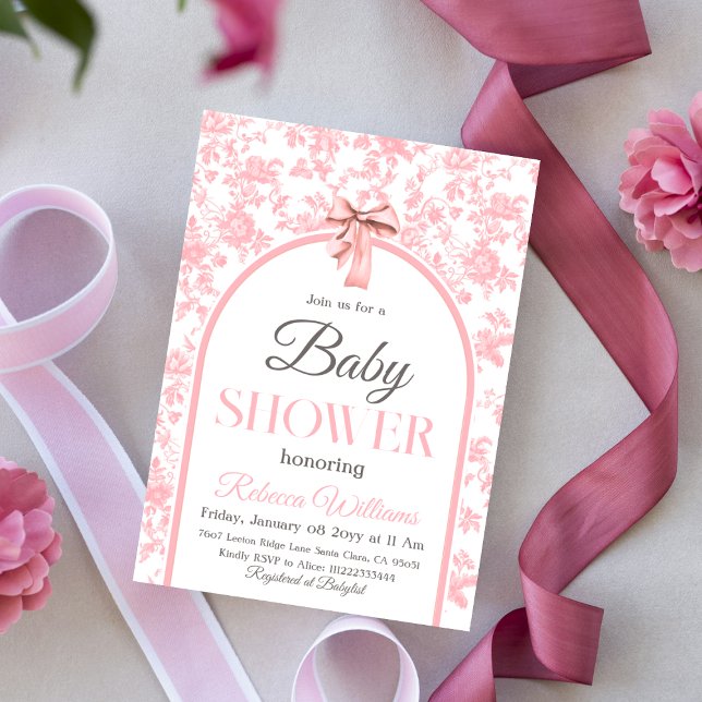 Invitación Chica Toile de Jouy Pink Bow Baby Shower (Subido por el creador)