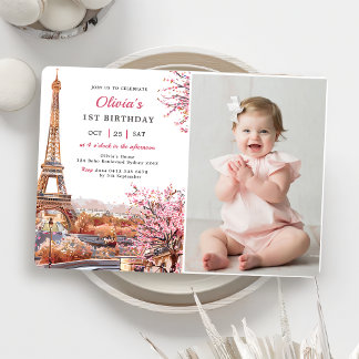 Invitación Chica Torre Eiffel París 1er cumpleaños Foto