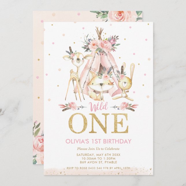 Invitación Chica tribal de animales de bosque de Cute un prim (Anverso / Reverso)