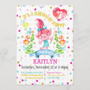 Invitación Chica Troll Flores Balón Séptimo Cumpleaños