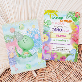 Invitación Chica tropical de dinosaurio floral 1º cumpleaños