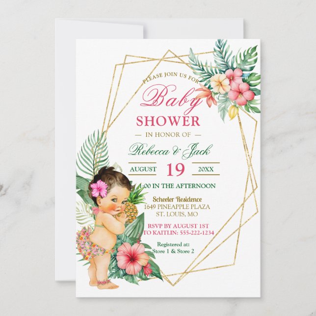 Invitación Chica Tropical Luau Pineapple Baby Shower (Anverso)