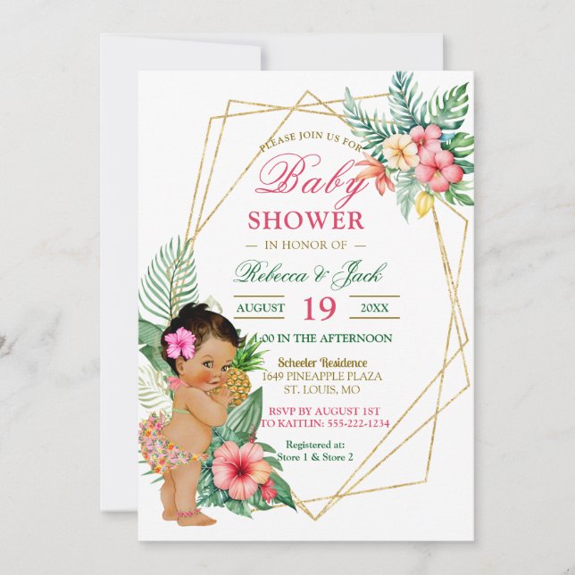 Invitación Chica Tropical Luau Pineapple Baby Shower (Anverso)
