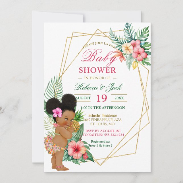 Invitación Chica Tropical Luau Pineapple Baby Shower (Anverso)