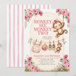 Invitación Chica Tropical Mono Ve Mono Cumpleaños Dos
