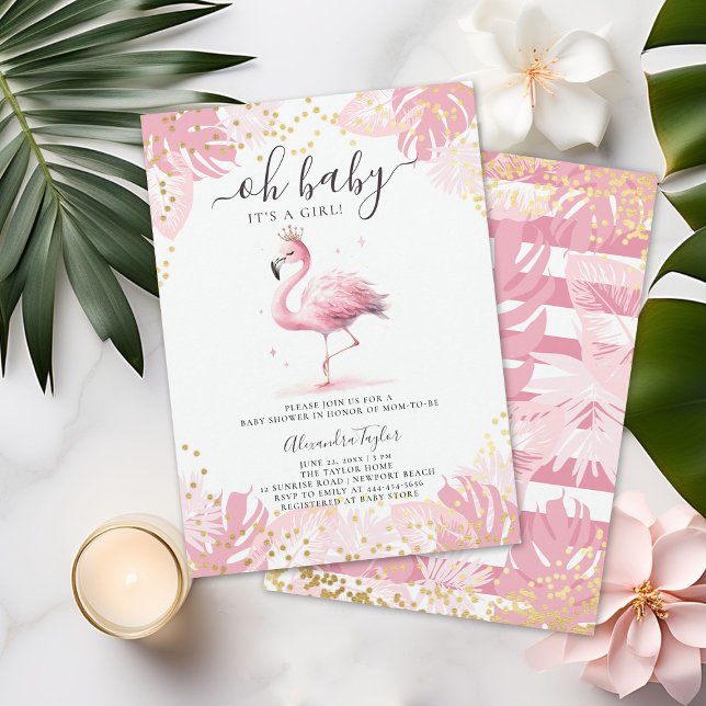 Invitación Chica Tropical Rosa Flamingo Gold Tiara Baby Showe (pink flamingo baby girl shower invitation cute watercolor tropical invite gold stripes polka dots)