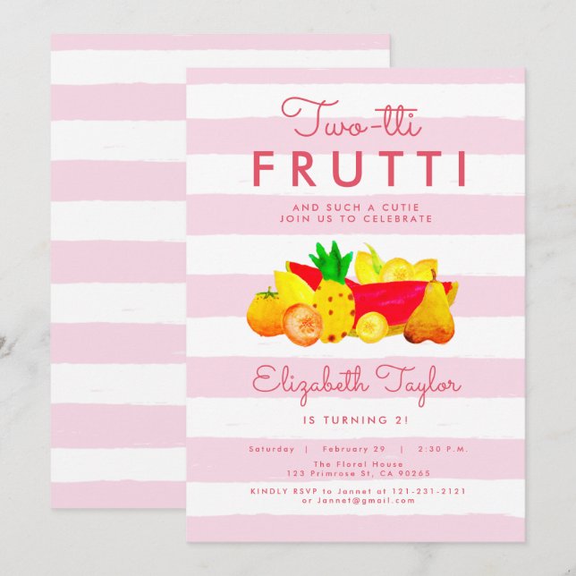 Invitación Chica Tropical Segundo Cumpleaños Dos Frutti Twott (Anverso / Reverso)