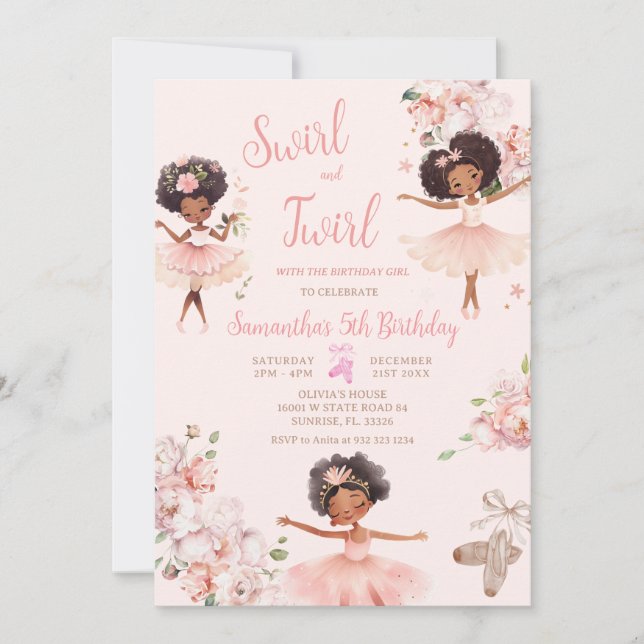 Invitación Chica Tutu Birthday de African American Ballerina (Anverso)