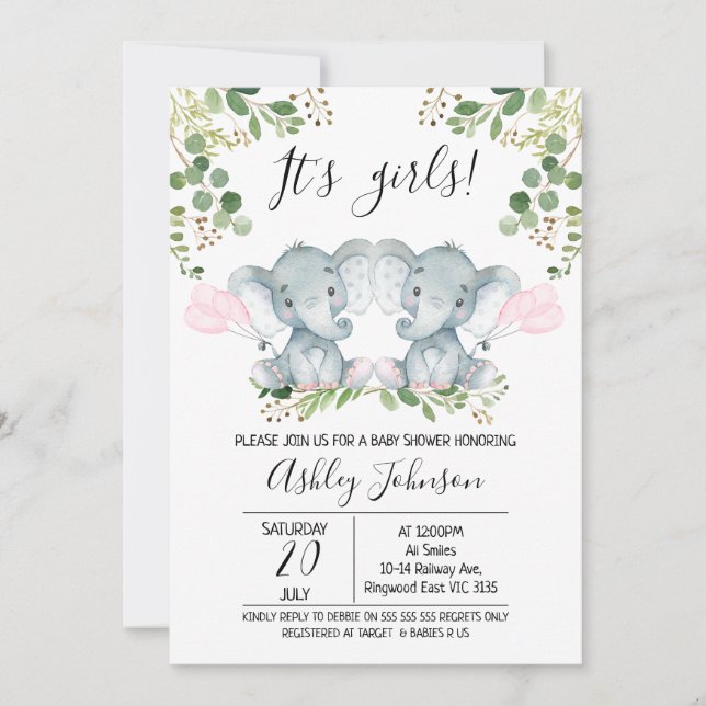 Invitación Chica Twin Elephant Balloons Baby Shower (Anverso)