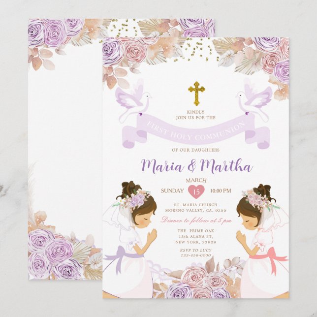 Invitación CHICA TWIN Primero Santa Comunión Floral Púrpura R (Anverso / Reverso)