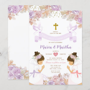 Invitación CHICA TWIN Primero Santa Comunión Floral Púrpura R