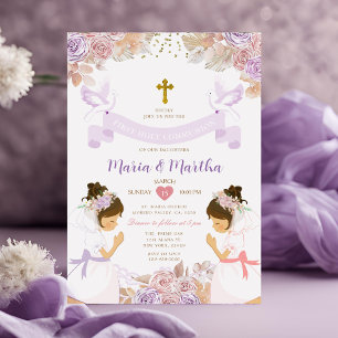 Invitación CHICA TWIN Primero Santa Comunión Floral Púrpura R
