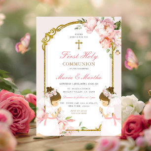Invitación CHICA TWIN Rezando Primero Santa Comunión Floral R