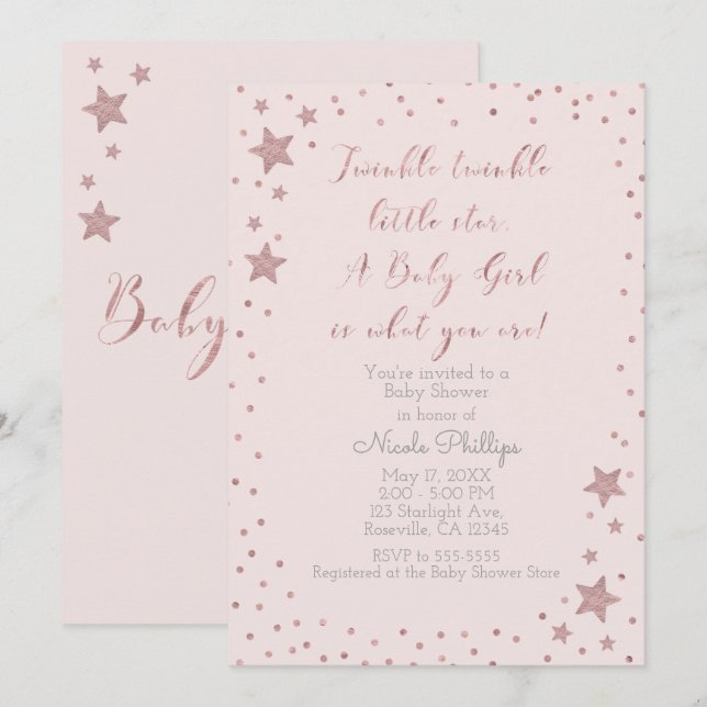 Invitación Chica Twinkle Little Star Rosa Gold Baby Shower (Anverso / Reverso)