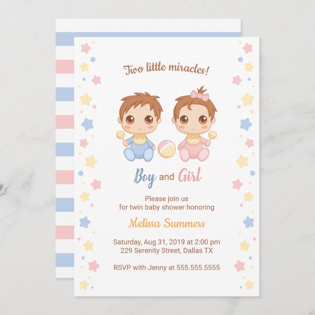 Invitación Chica Twins Boy Baby Shower (Anverso / Reverso)