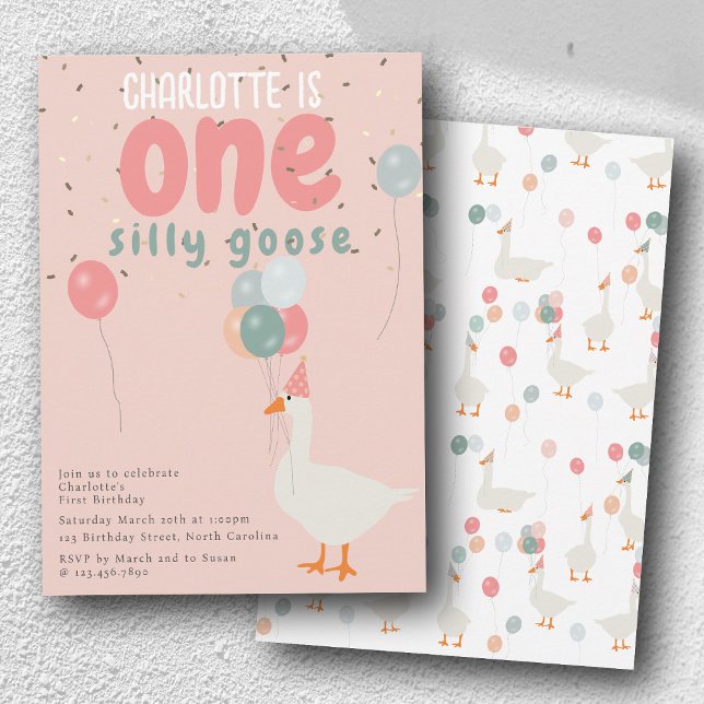 Invitación Chica Un Fiesta De Cumpleaños De Cabeza Silenciosa (Girl's One Silly Goose 1st Birthday Party Pink Invitation)