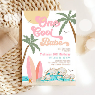 Invitación Chica Un Guay Babe Surfing Primer Fiesta de cumple