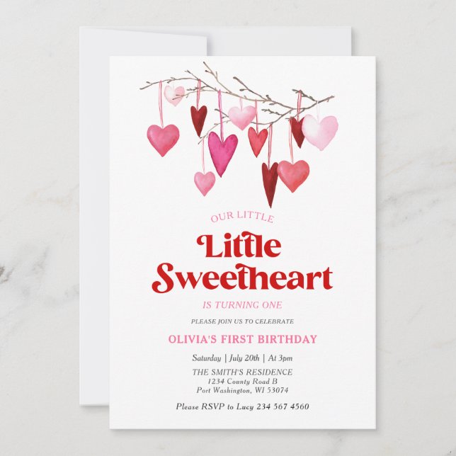 Invitación Chica Un Pequeño Querido Valentín Primer Cumpleaño (Anverso)
