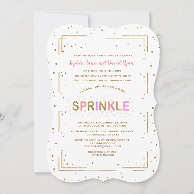 Invitación Chica único Purpurina de oro SPRINKLE Baby Shower (Anverso)