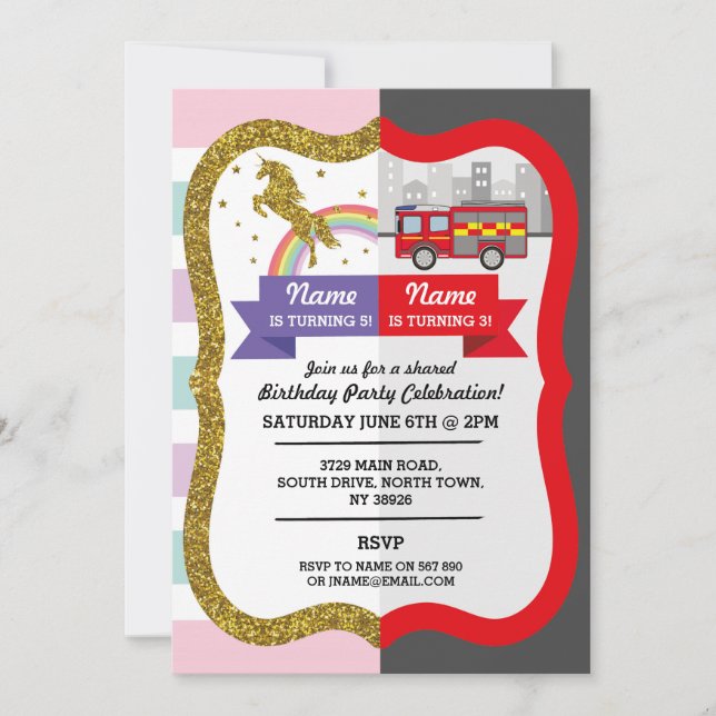 Invitación Chica Unicorn Firetruck Diversión Compartida (Anverso)