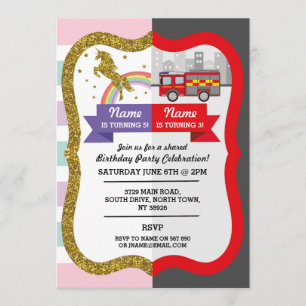 Invitación Chica Unicorn Firetruck Diversión Compartida