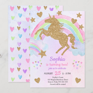 Invitación Chica Unicorn Purpurina de oro falso Cumpleaños