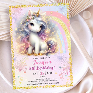 Invitación Chica Unicorn Purpurina de Oro Rosado Octava Fiest