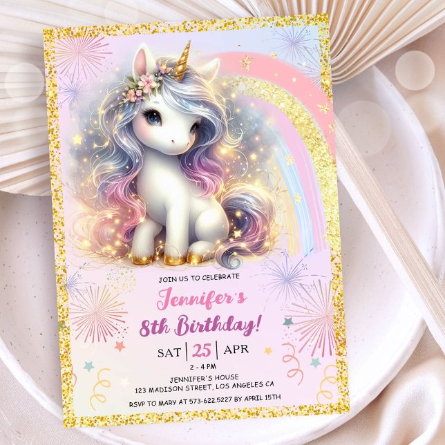 Invitación Chica Unicorn Purpurina de Oro Rosado Octava Fiest (#UnicornBirthdayInvitation #UnicornBirthdayInvitationTemplate #UnicornBirthdayInvitationEditable )