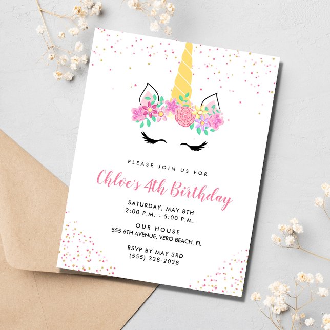 Invitación Chica Unicornio 4 Fiesta de cumpleaños (Girl's Unicorn 4th Birthday Party Invitation)