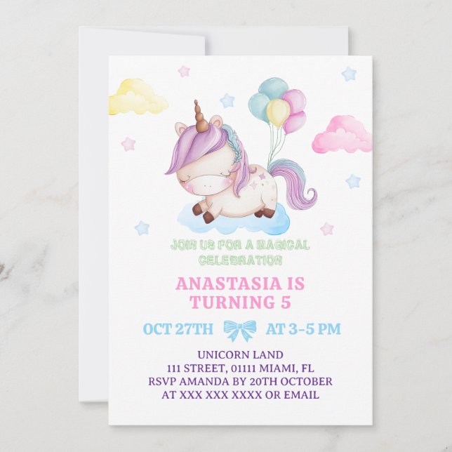 Invitación Chica Unicornio 5 Fiesta arcoiris (Anverso)