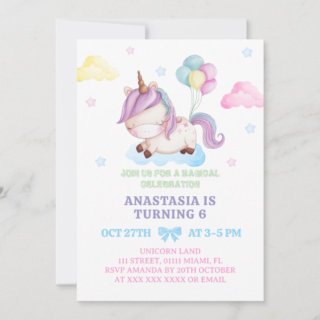 Invitación Chica unicornio 6 Fiesta arcoiris (Anverso)