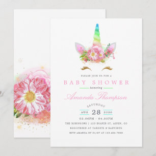 Invitación Chica Unicornio Arcoíris Floral Rosa Baby Shower