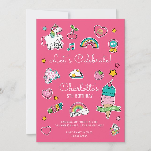 Invitación Chica Unicornio de cumpleaños de Emoji rosa (Anverso)