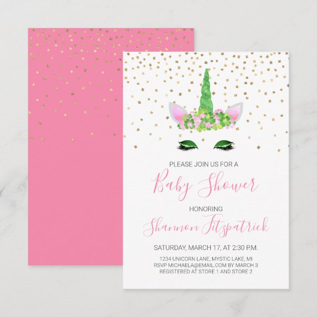 Invitación Chica unicornio del Día de San Patricio Rosa Baby  (Anverso / Reverso)