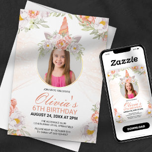 Invitación Chica Unicornio Mágico Foto Floral Cumpleaños 